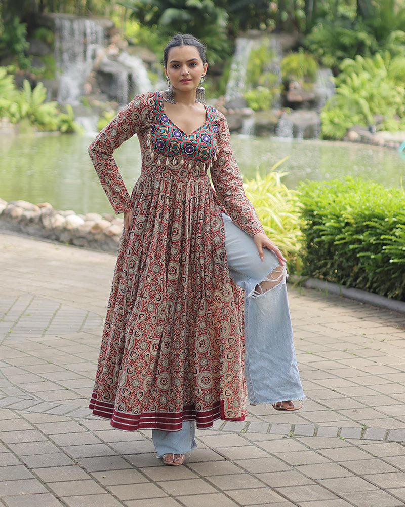 Maroon Color Cotton Printed Navratri Kurti