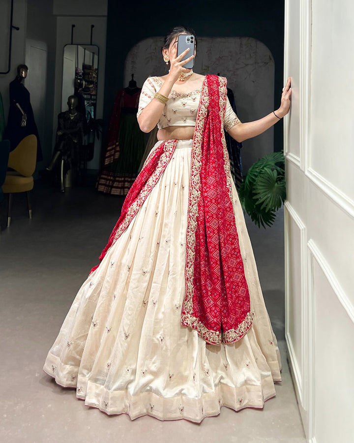 Off White Color Vichitra Silk Sequins And Thread Embroidered Lehenga Choli