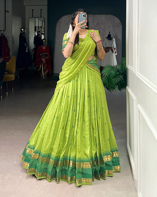 Elegant Parrot Green Chanderi cotton half saree lehenga choli