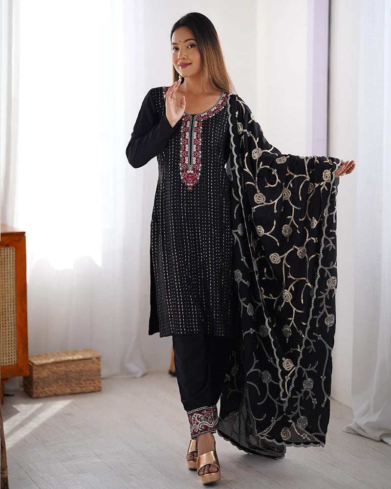 Black Color Chinon Silk Three Piece Kurti Suit
