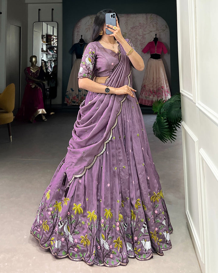 Lavender Color Vichitra Silk Thread Embroidered Lehenga Choli