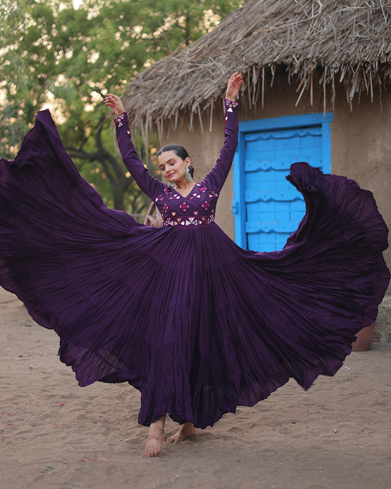 Purple Color Rayon Ruffle Style Navratri Gown