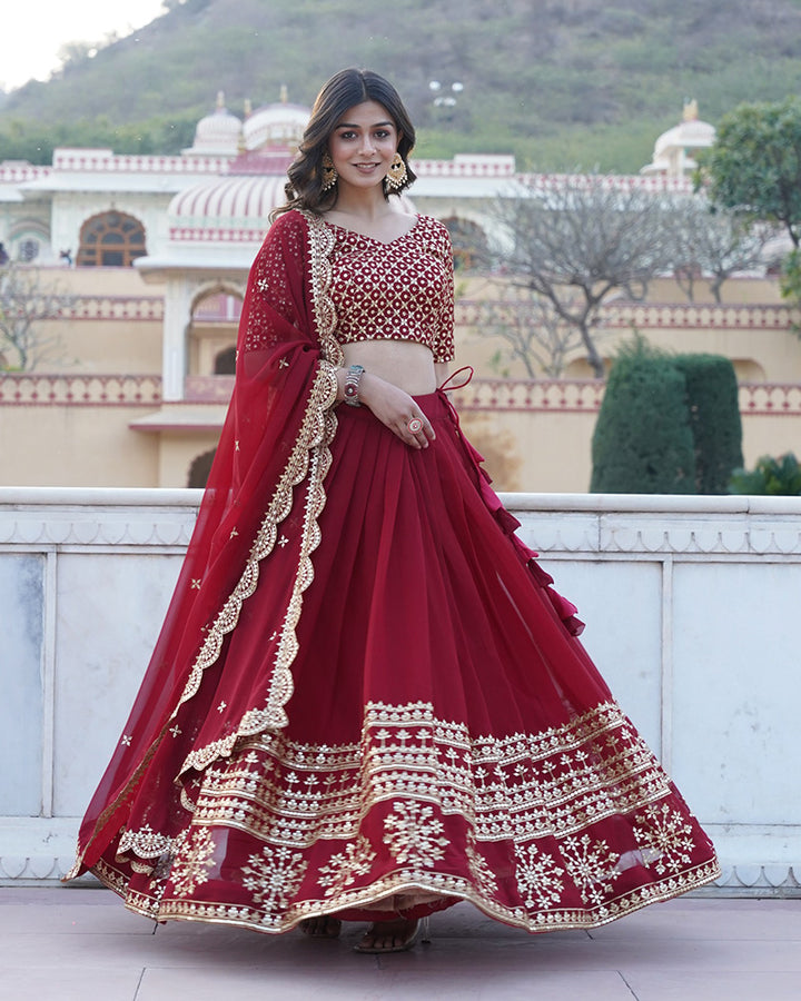 Designer Sequence Embroidery Work Georgette Lehenga Choli In Maroon Color