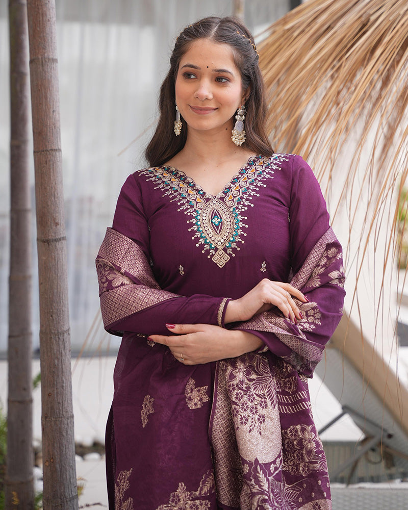 Wine Color Roman Silk Embroidered Three Piece Kurti Suit