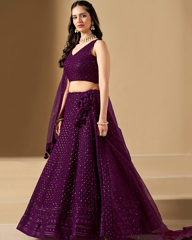 Wine Color Georgette Embroidered Lehenga Choli With Dupatta