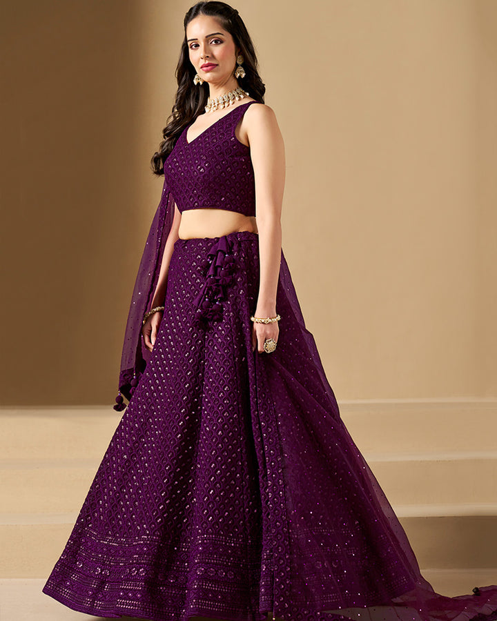 Wine Color Georgette Embroidered Lehenga Choli With Dupatta