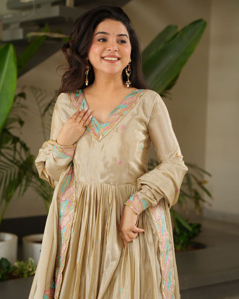 Cream Color Chinnon Sequence Embroidered Gown