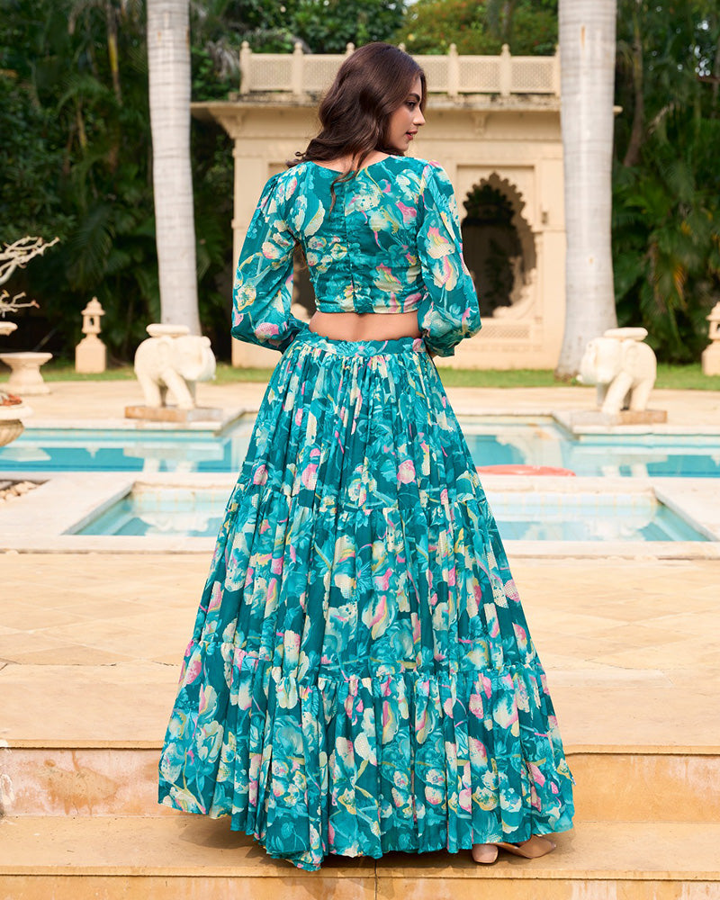 Teal green Color Georgette Printed Crop Top Lehenga Choli