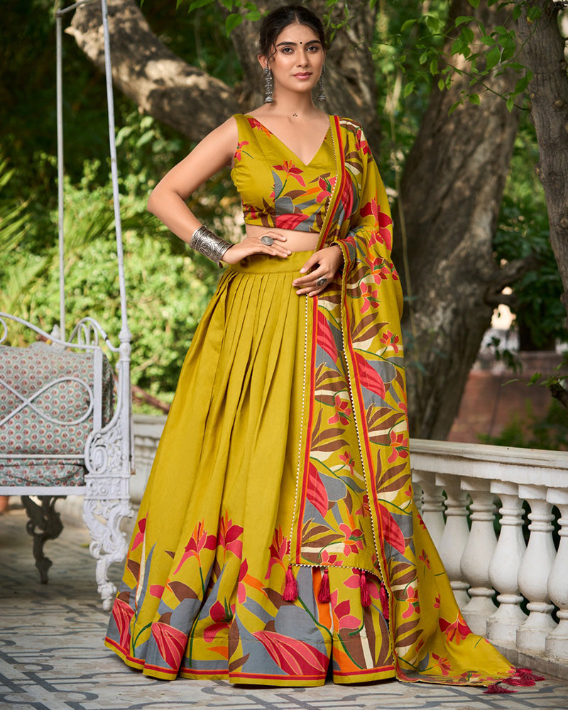 Mustard Color Polyester Viscose Chanderi Lehenga Choli