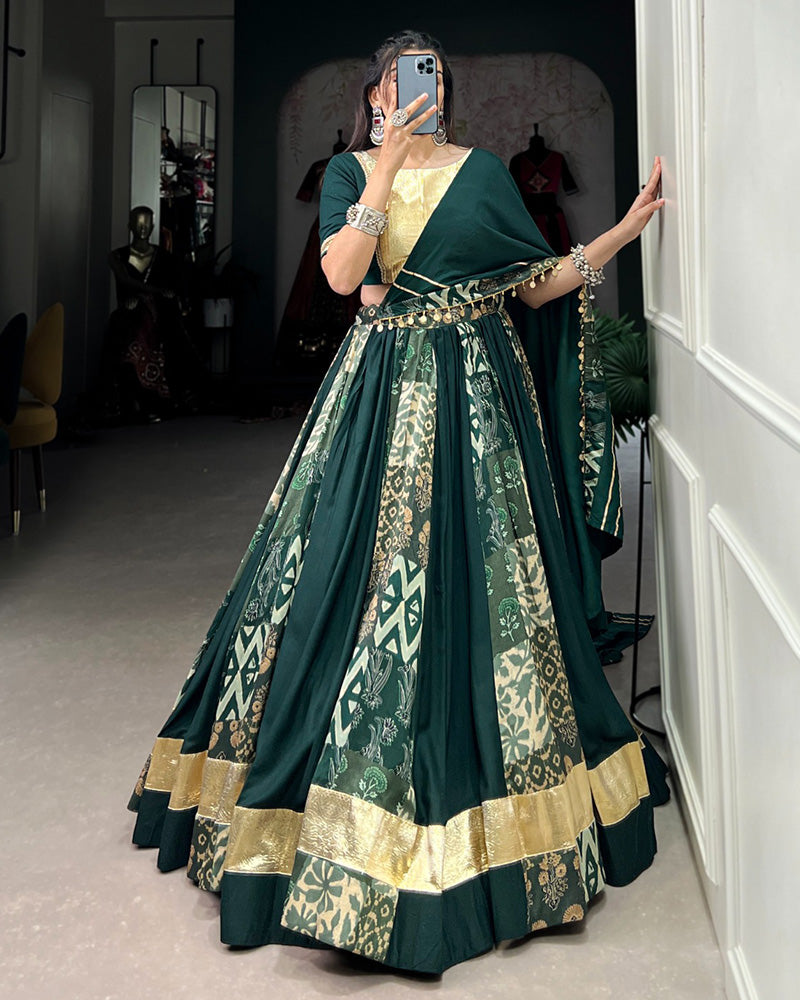 Green Color Rayon And Tussar Silk Navratri Lehenga Choli