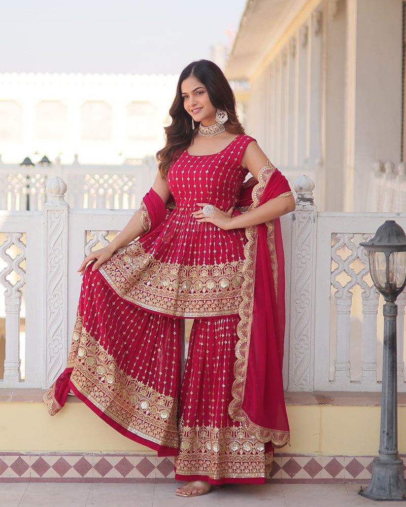 Designer Rani Pink Color Three Piece Gharara Suit