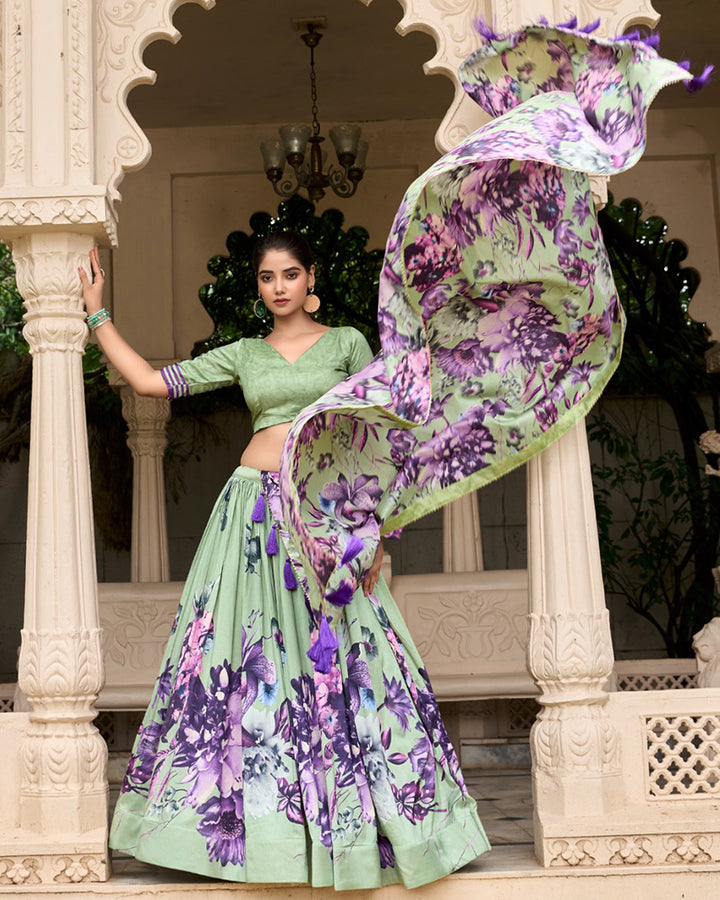 Pista Color Tussar Silk Floral Printed Lehenga Choli