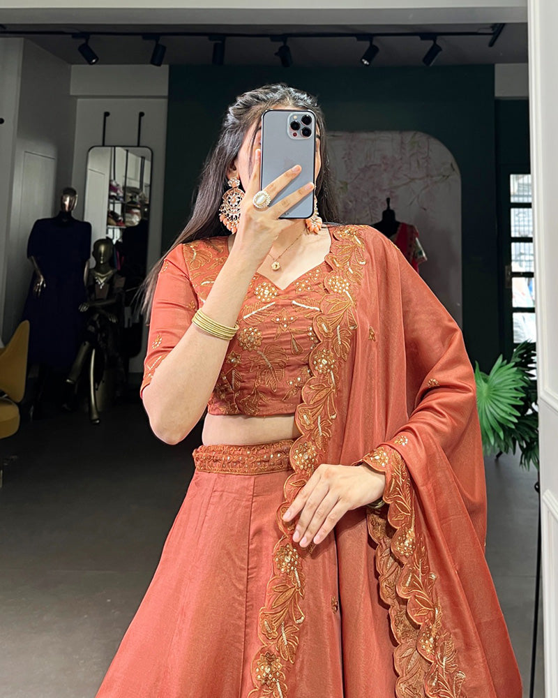 Rust Orange Color Korean Tussar Silk Lehenga Choli