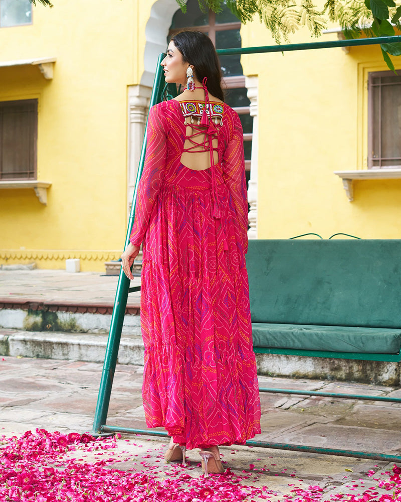 Festive Pink Ethnic Gown With Colorful Mirror Work