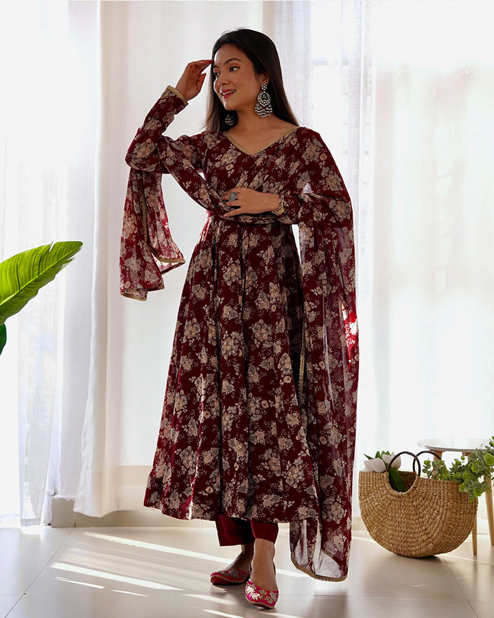 Dark Maroon Color Georgette Three Piece Anarkali Suit