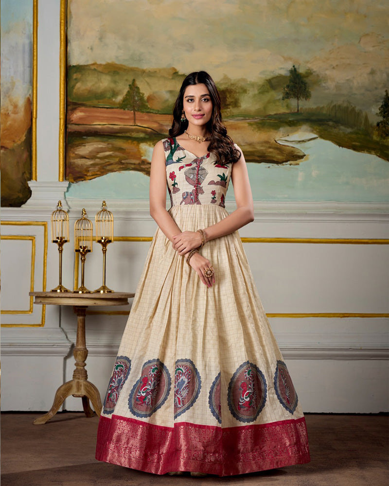 Red Color Dola Silk  Kalamkari Gown With koti