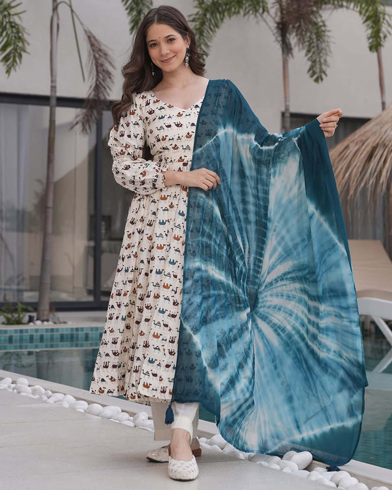 White Color Printed Pure Cotton Angarkha Style Anarkali Suit