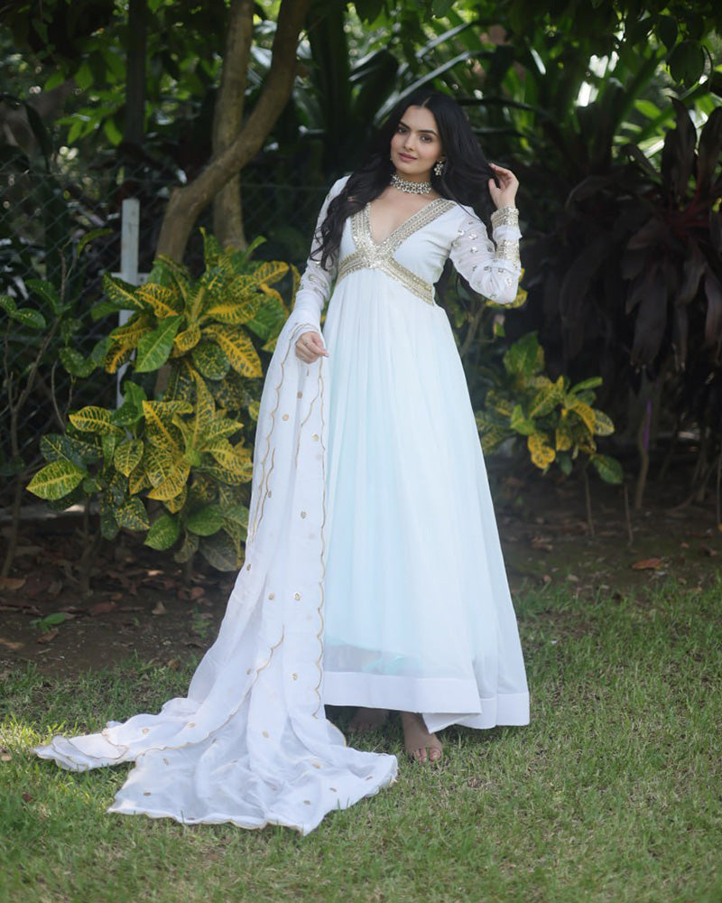 Wedding Wear Embroidered White Color Alia Cut Gown With Dupatta