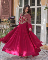 Rani Pink Color Faux Blooming Georgette Gown With Embroidered Dupatta