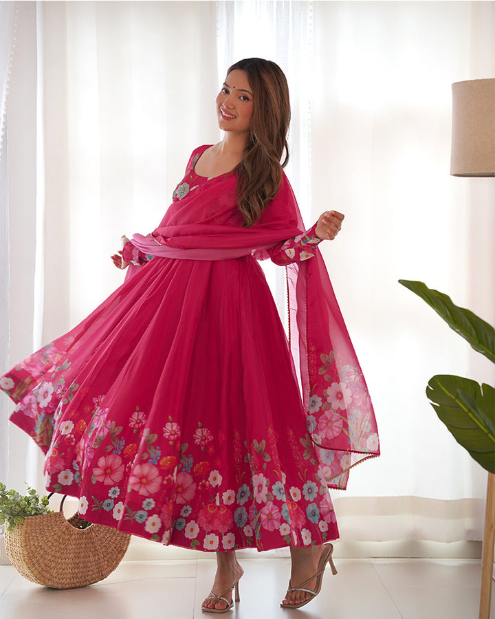 Rani Pink Color Floral Print Organza Three Piece Anarkali Suit