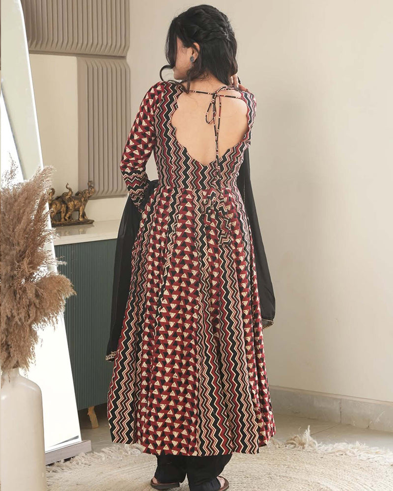 Black Color Laheriya Triangle Printed Pure Cotton Anarkali Suit
