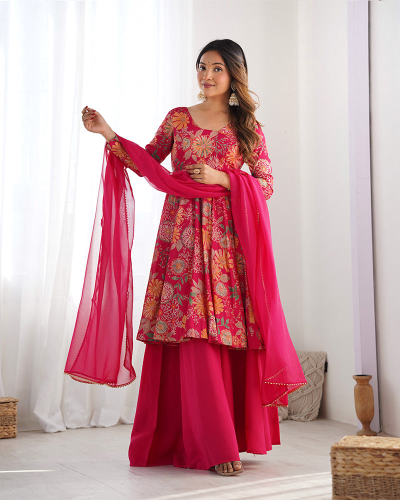 Rani Pink Color Roman Silk Discharge Printed Plazzo Suit