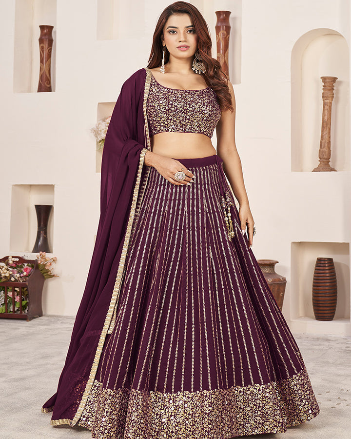 Wine Color Georgette Embroidered Semi Stitched Lehenga Choli