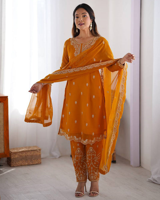 Yellow Color Faux Georgette Three Piece Kurti Suit