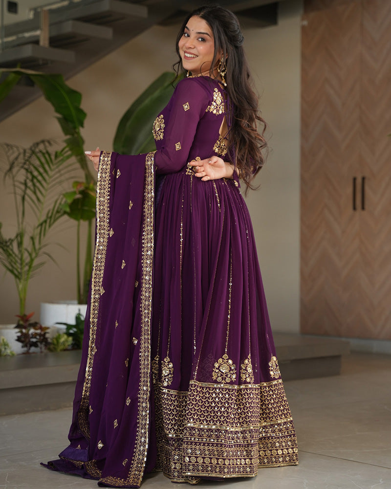 Royal Purple Color Designer Golden Embroidered Gown