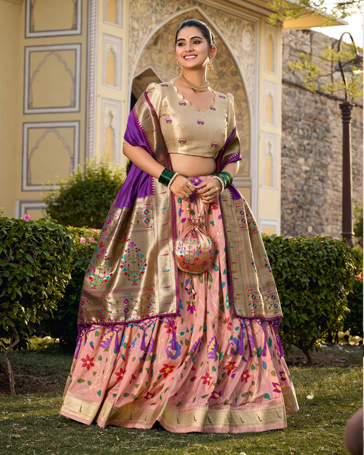 Designer Peach Color Jacquard Paithani silk Lehenga Choli