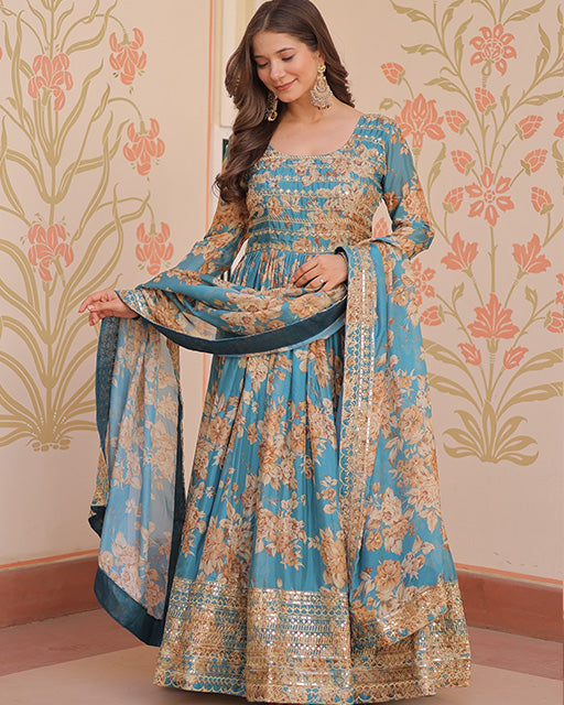 Sky Blue Color Russian Silk Embroidered Gown