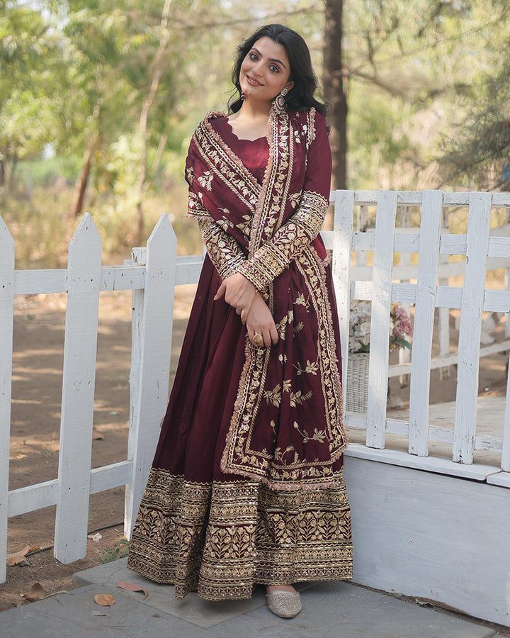 Dark Maroon Color Vichitra Shimmer Sequence Embroidered Gown