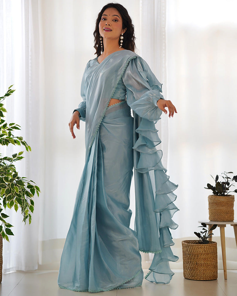 Sky Blue Color Jimmy Choo Pre Drapped Saree