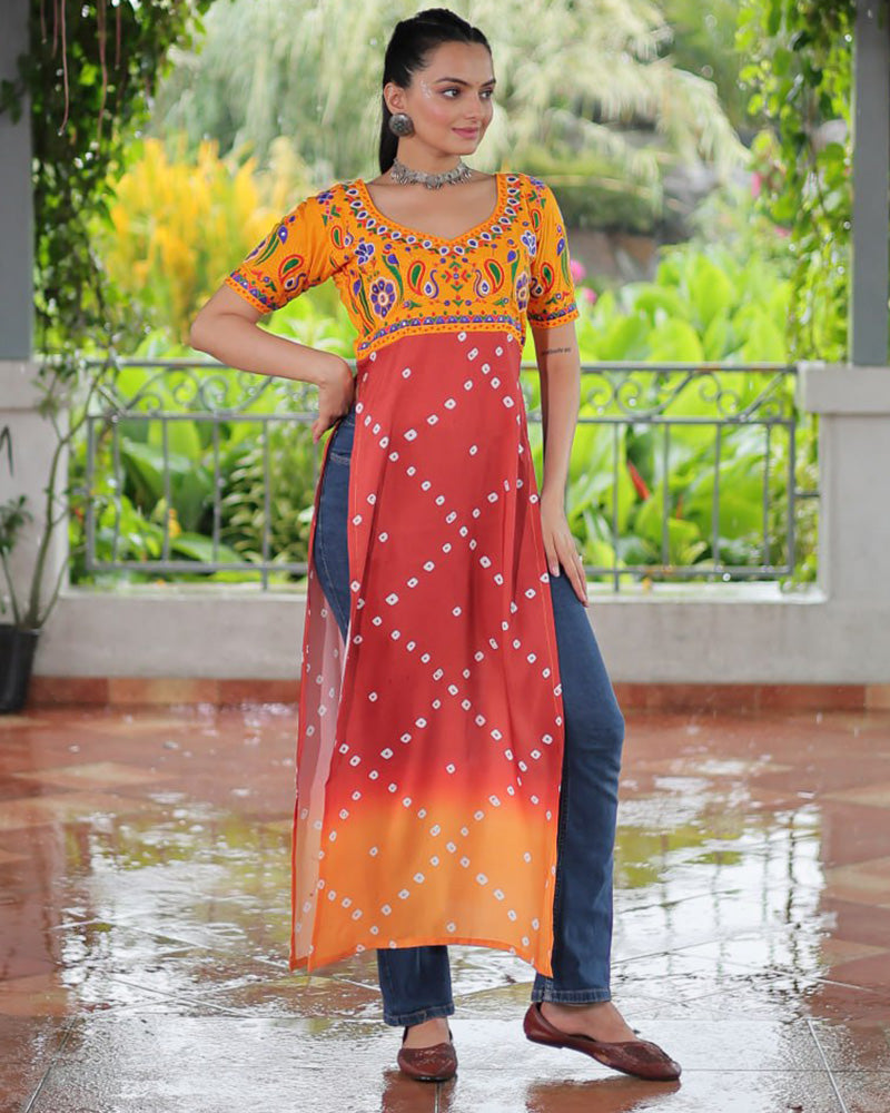 Traditional Rust Orange Color Bandhani Print Navratri Kurti