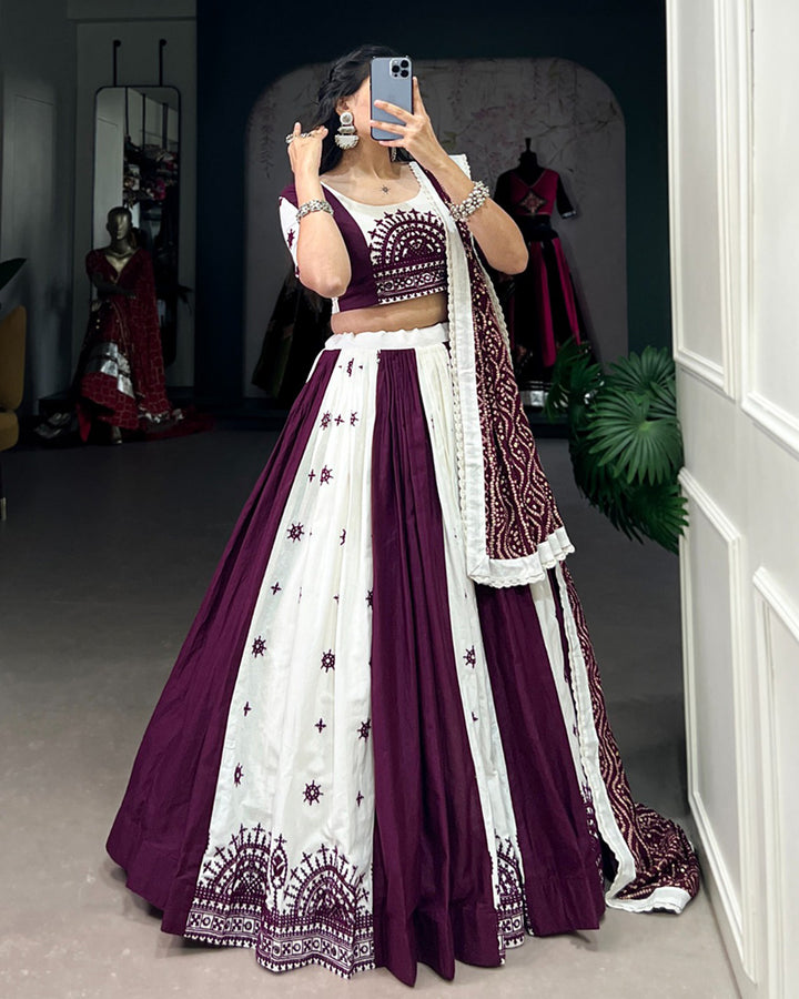 Designer WIne Color Cotton Real mirror Work Navratri Lehenga Choli