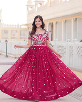 Rani Pink Color Faux Blooming Sequins Embroidered Anarkali Gown