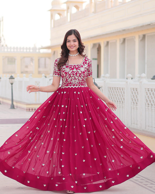 Rani Pink Color Faux Blooming Sequins Embroidered Anarkali Gown