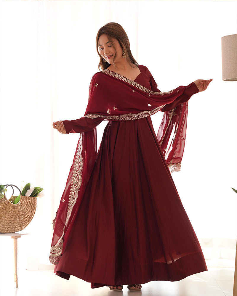 Beautiful Maroon Color Pure Chanderi Silk Three Piece Anarkali Suit