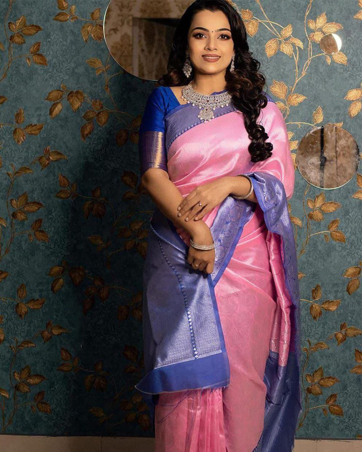 Pink And Blue Banarasi Silk Saree With Exclusive Jacquard Border