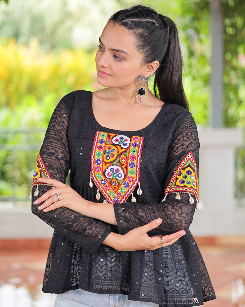 Black Color Georgette Schiffli Work Navratri Kediya
