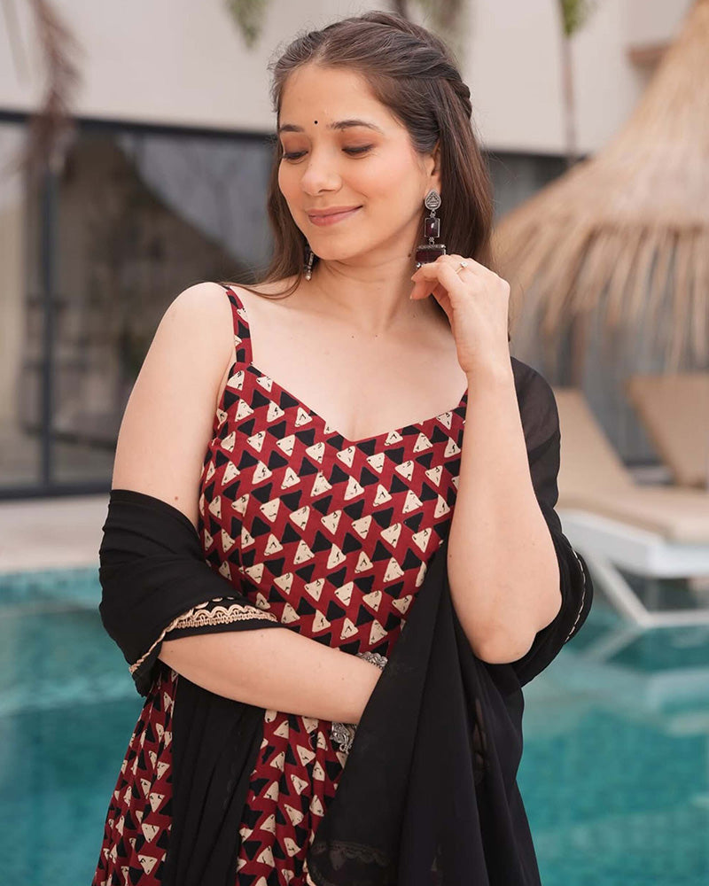 Red Color Triangle Printed Pure Cotton Anarkali Suit