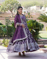 Designer Wine Color Sequence embroidered Viscose Jacquard Gown With Dupatta
