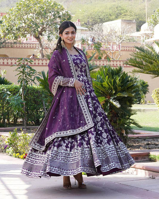 Designer Wine Color Sequence embroidered Viscose Jacquard Gown With Dupatta