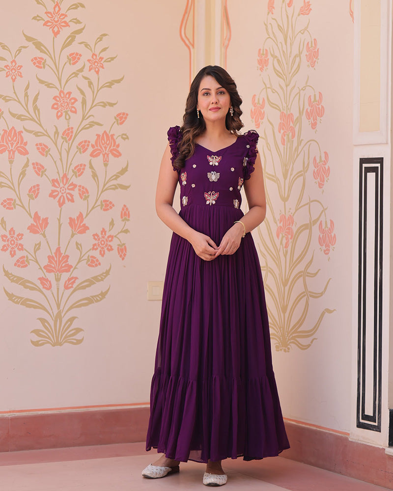 Wine Color Faux Blooming Embroidered work Gown