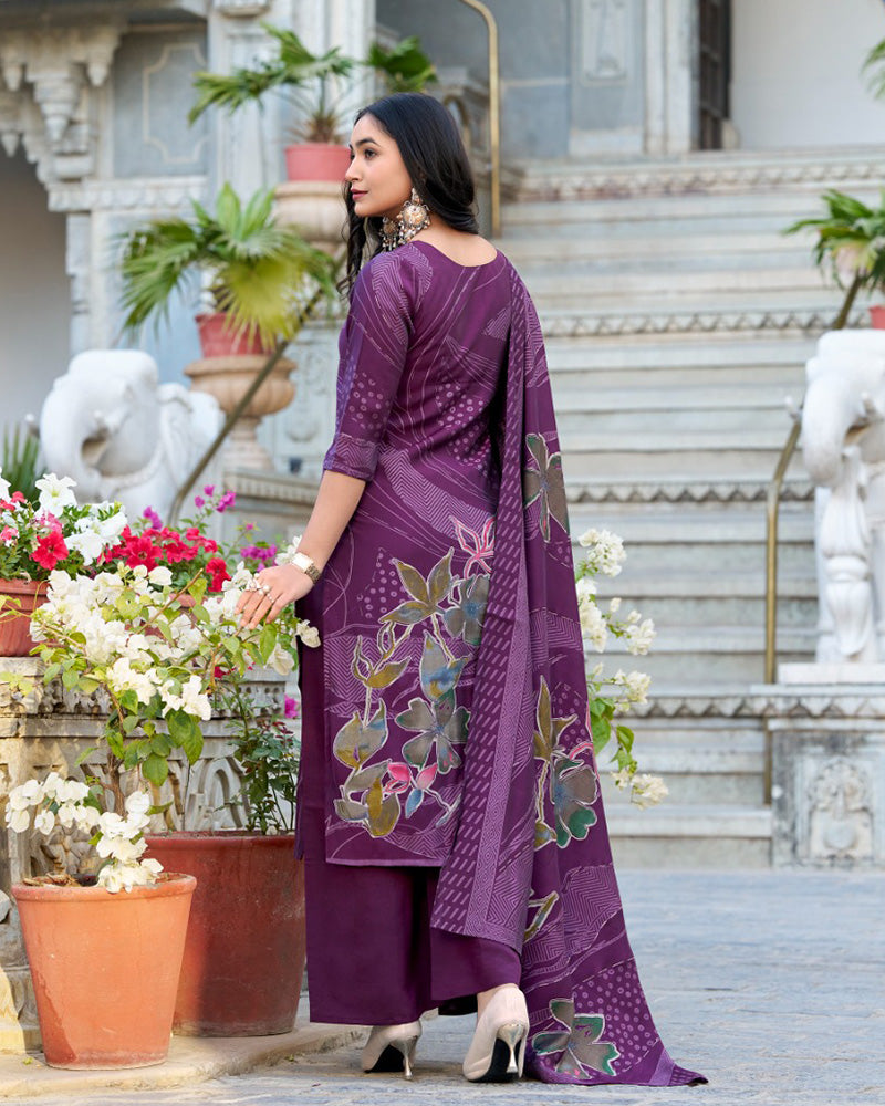 Wine Color Roman Silk Three Piece Kurti Suit