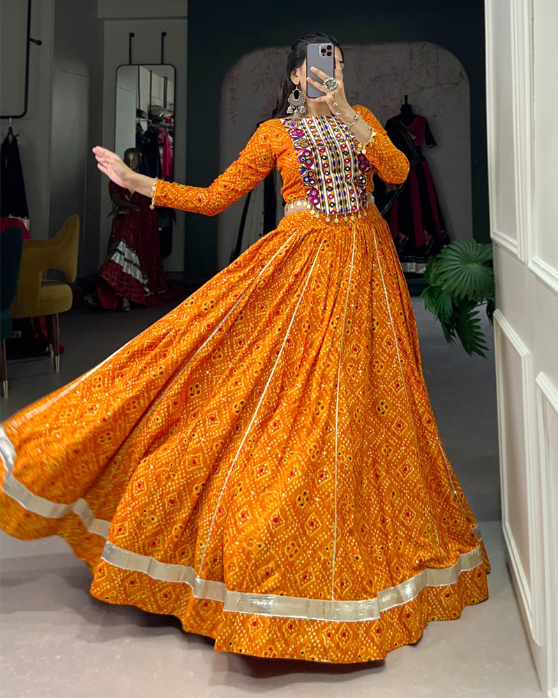 Mustard Color Rayon Bandhej Print Navratri Lehenga Choli