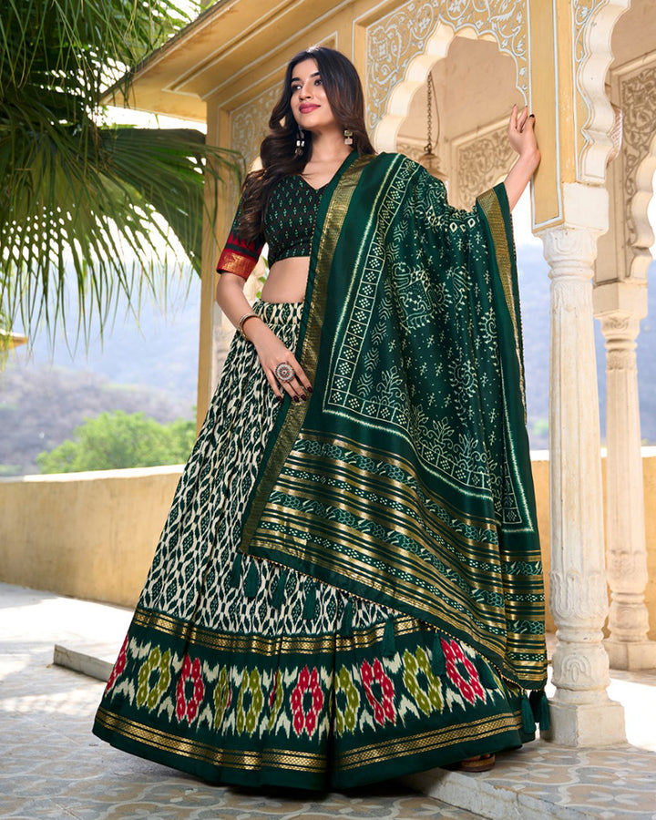 Green Color Tussar Silk Ikkat Printed Lehenga Choli