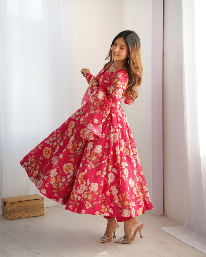 Rani Pink Color Pure Soft Organza Three Piece Anarkali Suit