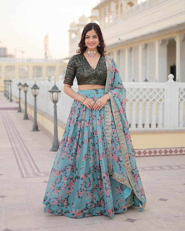 Sky Blue Color Russian Silk Digital Printed Lehenga Choli