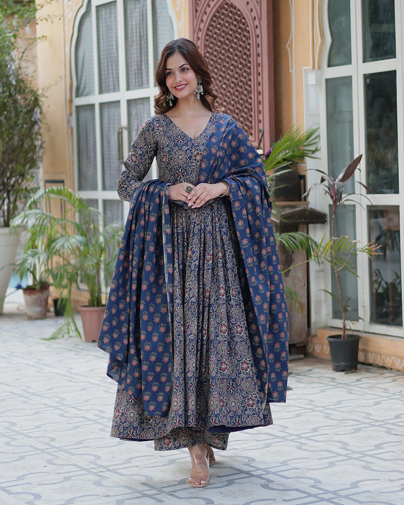 Premium Blue Color Pure Cotton Kurti With Pant And Dupatta Set